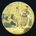 Vintage Religion, Judentum, Licht der Menorah Runder Aufkleber<br><div class="desc">Vintages Bild religiöser Judaika mit einem Rabbi,  der die Kerzen auf einer Menorah während Hanukkah mit zwei Kindern beim Beobachten beleuchtet.</div>