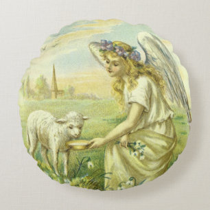 Vintage religiöster Ostern viktorianischer Engel m Rundes Kissen