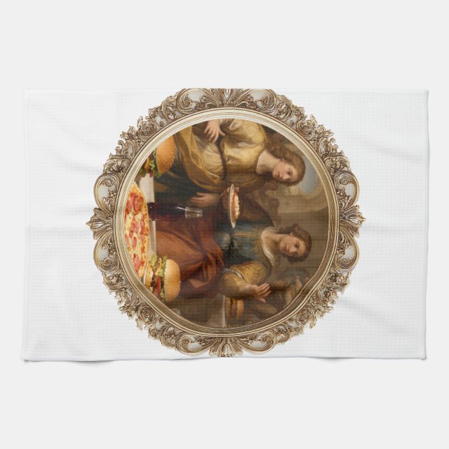 Vintage Renaissance Painting Parody of Men Eating  Geschirrtuch (Horizontal)