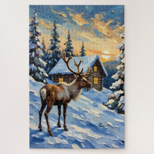 Vintage-Rentier am schneebedeckten Ferienhaus - We