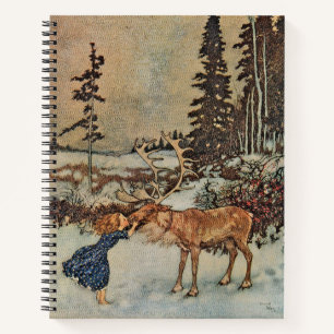 Vintage-Rentier-Mädchen Winter-Schnee-Szene Poster Notizbuch