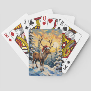 Vintage-Rentier mit Santa-Hut im schneebedeckten W Spielkarten