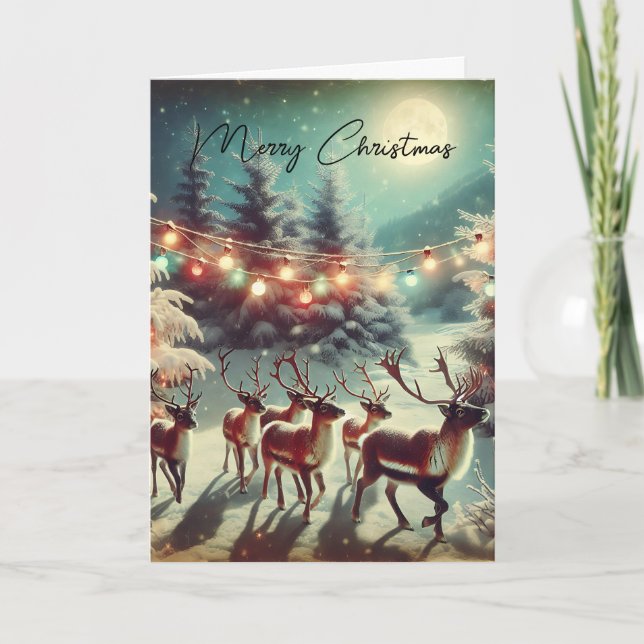 Vintage Rentiere und Weihnachtsleuchten Karte (Vorderseite)