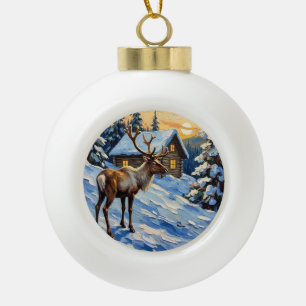 Vintage-Rentiere von snowy cabin Weihnachtsbild Keramik Kugel-Ornament