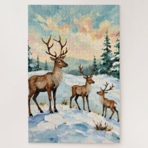 Vintage-Rentierfamilie-Winterwiese-Malerei