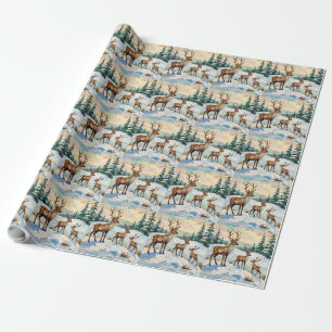 Vintage-Rentierfamilie Winterwiesenmalerei Geschenkpapier