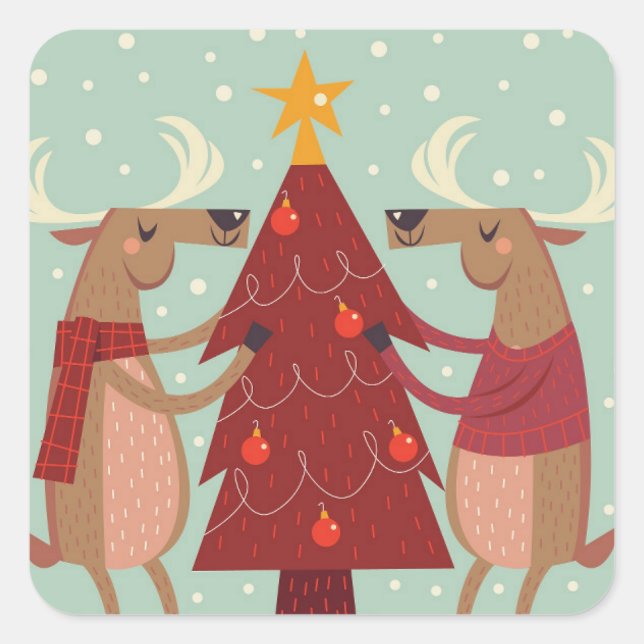 Vintage Rentierweihnachtszeit Quadratischer Aufkleber (Vorderseite)