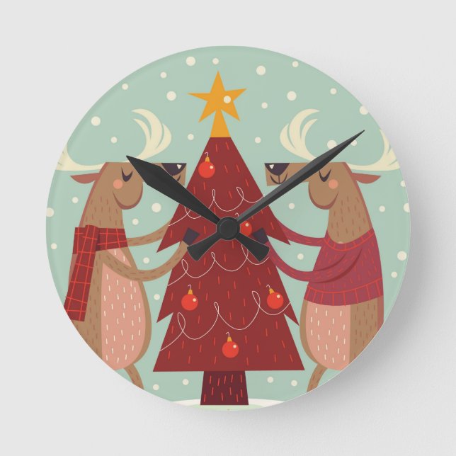 Vintage Rentierweihnachtszeit Runde Wanduhr (Vorderseite)