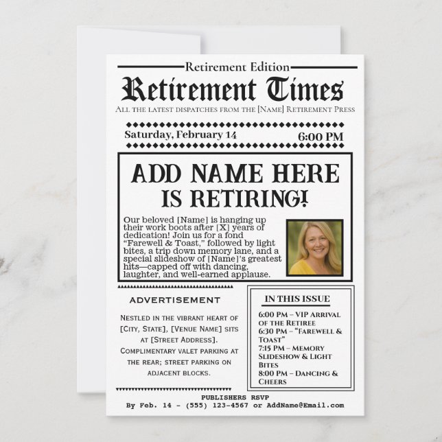 Vintage “Retirement Times” Newspaper Invitation Einladung (Vorderseite)