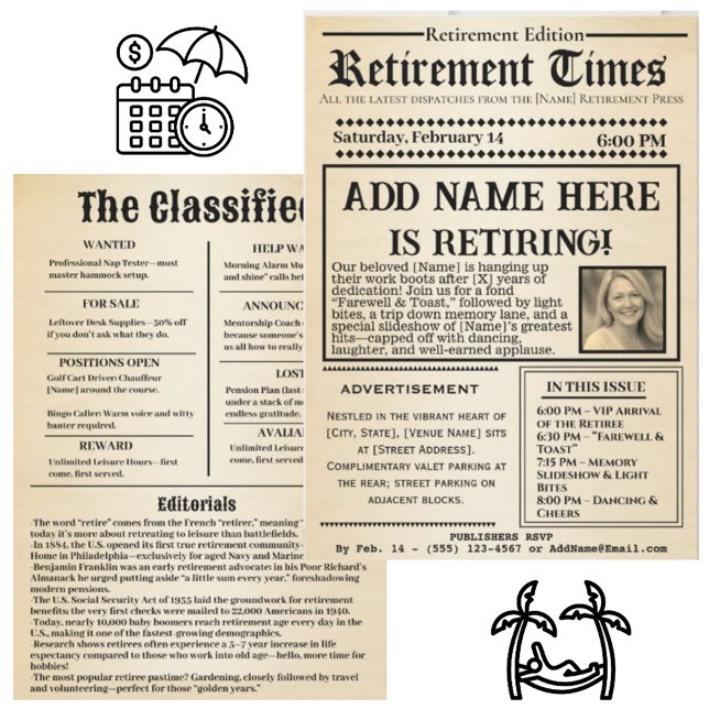 Vintage “Retirement Times” Newspaper Invitation  Einladung (Von Creator hochgeladen)