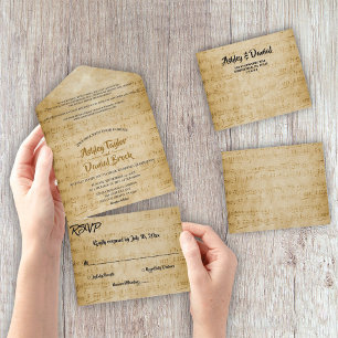 Vintage Retro Alte Blatt Musiknote Rustikale Hochz All In One Einladung