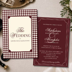 Vintage Retro Burgunder Karo Old Money Hochzeit Einladung