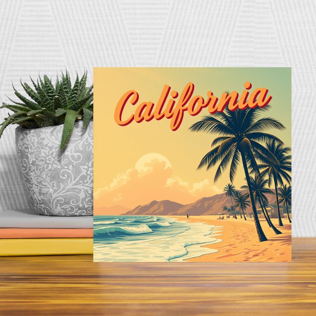 Vintage Retro California Beach Travel Card Fliese (Von Creator hochgeladen)