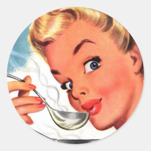 Vintage Retro Frauen Kitsch Suppen Fertig! Anzeige Runder Aufkleber