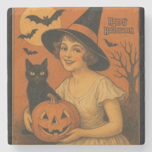 Vintage/Retro Frohe Halloween Hexe, Katze, Kürbis Steinuntersetzer