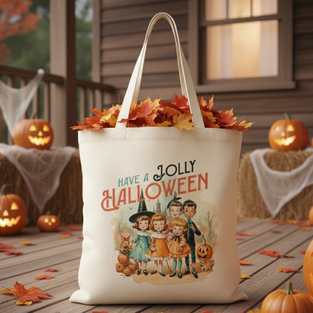 Vintage Retro haben ein Jolen Halloween Tragetasche (Vintage 'Have A Jolly Halloween' Double Sided Tote Bag Featuring Retro Looking Trick-orTreater Kids)