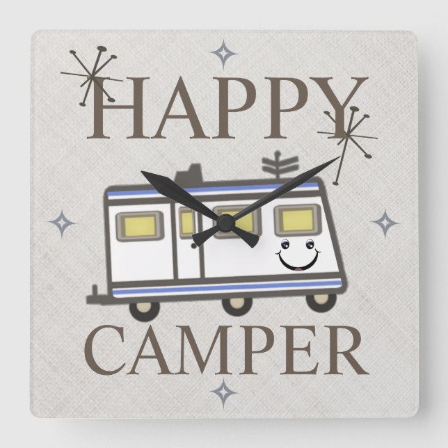 Vintage Retro Happy Camper Wall Clock Quadratische Wanduhr (Vorderseite)