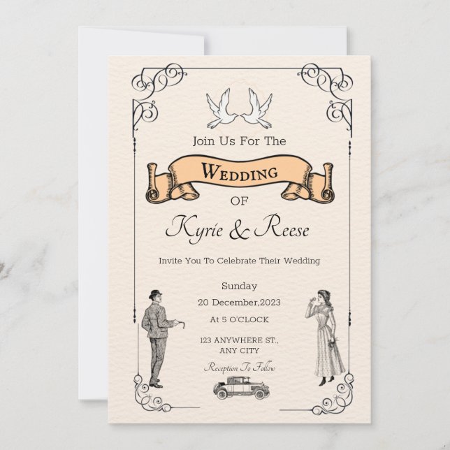 Vintage Retro-Hochzeitseinladung in Schwarz/Weiß Einladung (Vorderseite)