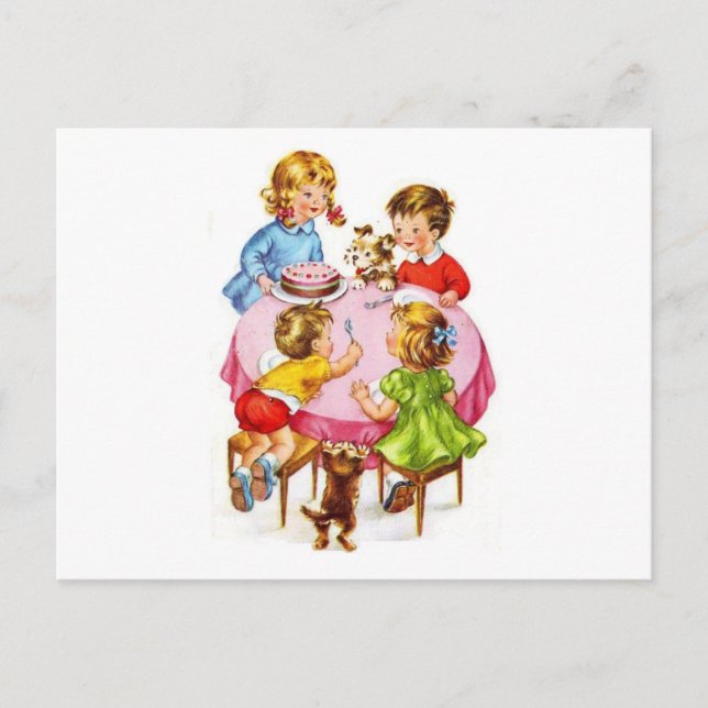 Vintage Retro-Kindergeburtsparty Hund Kitten Einladungspostkarte (Vorderseite)
