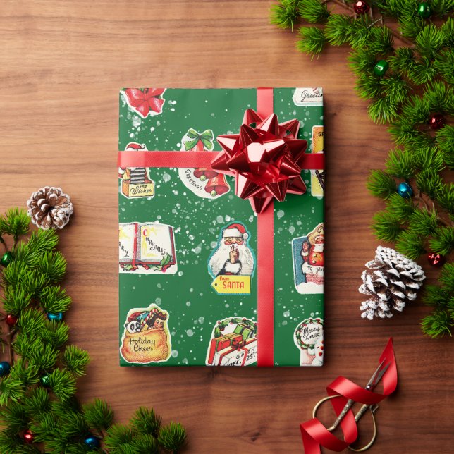 Vintage Retro Kitschy Weihnachtskleber auf Green Geschenkpapier (Feiertagsgeschenk)