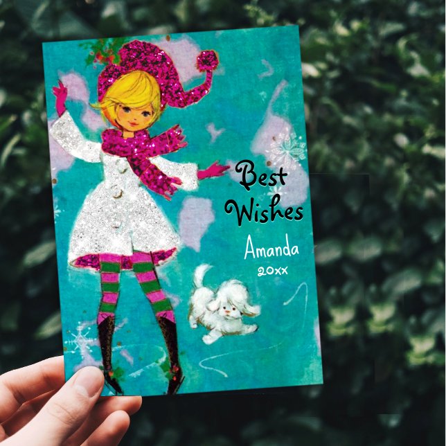 Vintage Retro mädchenhafte Weihnachtsgrüße Feiertagskarte (Von Creator hochgeladen)