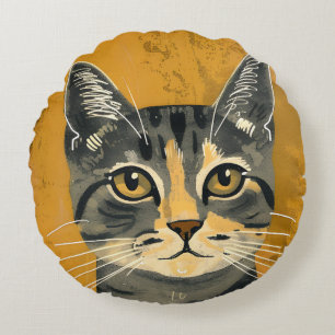 Vintage Retro Minimalist Tabby-Katzenporträt Rundes Kissen