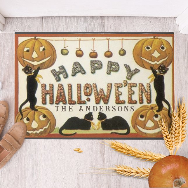 Vintage Retro Pumpkins und Katzenkürbis Fußmatte (Vintage Retro Pumpkins and Cats Custom Halloween Doormat - Add your family name or custom text.)