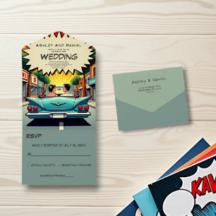 Vintage Retro Romantische Comic Hochzeit All In One Einladung