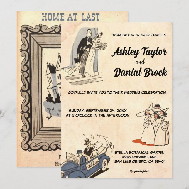 Vintage Retro Rustikale Altromantik Comic Hochzeit Einladung (Vorne/Hinten)