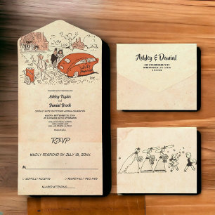Vintage Retro Rustikale Comic-Hochzeit für Paare All In One Einladung