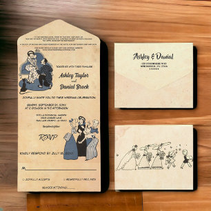 Vintage Retro Rustikale Comic-Hochzeit Romantische All In One Einladung