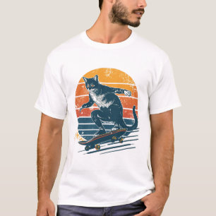 Vintage Retro Skater Katze auf Skateboard Sonnenun T-Shirt