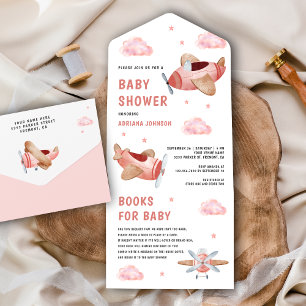Vintage Retro Süße Rosa Flugzeuge Baby Shower All In One Einladung