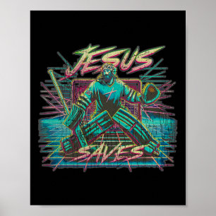 Vintage Retro Vaporwave Jesus rettet Eishockey Goa Poster