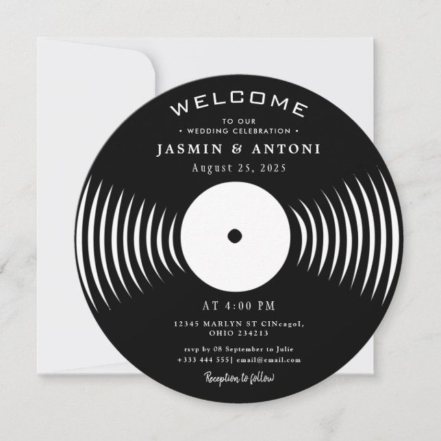 Vintage Retro Vinyl Record QR Wedding Invitation (Devant)