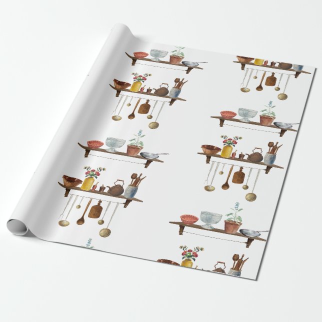 Vintage Retro Wasserfarben Küchenutensilien Geschenkpapier (Ungerollt)