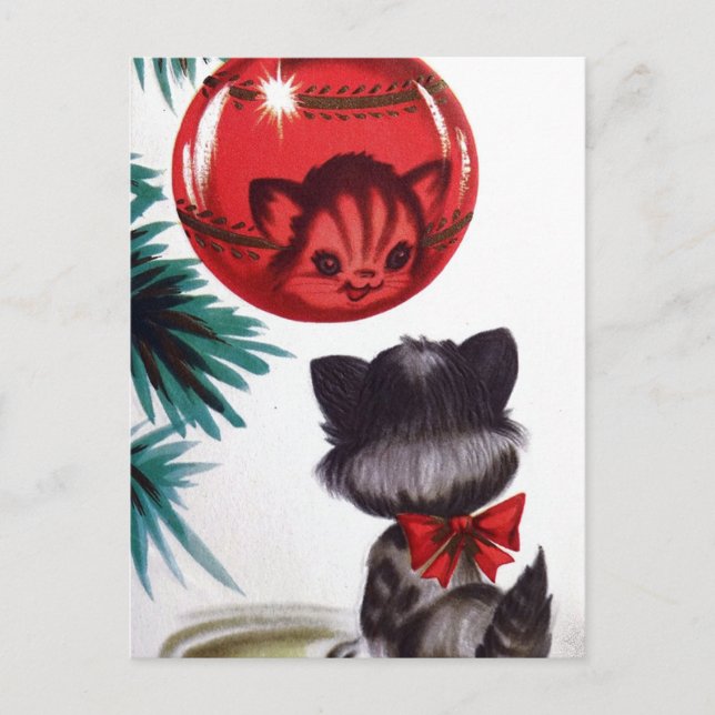 Vintage Retro Weihnachts-Weihnachtskatzenpostkarte Feiertagspostkarte (Vorderseite)