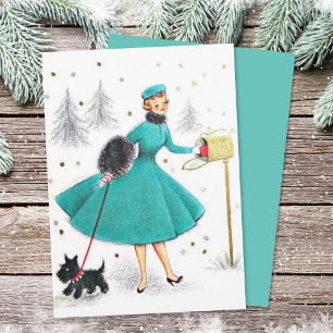 Vintage Retro-Weihnachtsfrau mit Scotty Dog Feiertagskarte