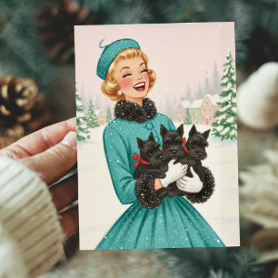 Vintage Retro-Weihnachtsfrau mit Scotty-Hunden Feiertagskarte