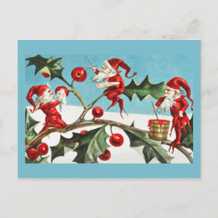 Vintage Retro-Weihnachtskarte Stechpalme & Elfen Feiertagspostkarte