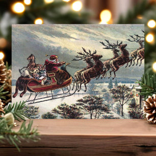 Vintage Retro Weihnachtsmann Rentier Schlitten Feiertagskarte