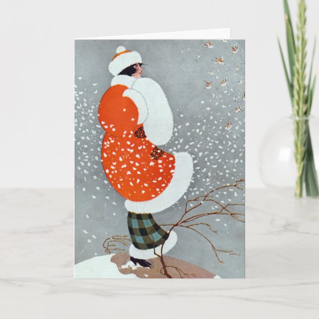 Vintage Retro-Winterfrau schneidet grau-weiß Karte (Vorderseite)