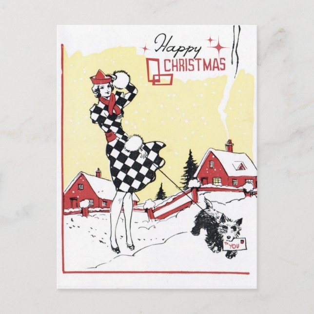 Vintage Retrofrau Weihnachtspostkarte Feiertagspostkarte (Vorderseite)