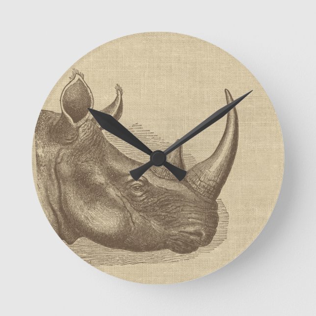 Vintage Rhino-Illustration auf Burlap Runde Wanduhr (Vorderseite)