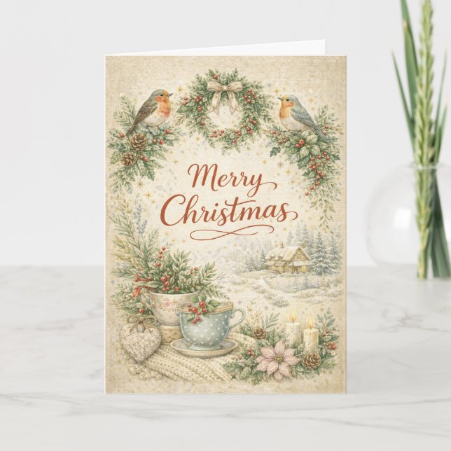Vintage Robin Wreath Merry Christmas  Feiertagskarte (Vorderseite)