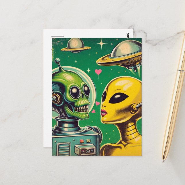 Vintage Robot-Liebe Postkarte (Vorderseite/Rückseite Beispiel)