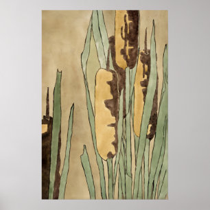 Vintage Rohrkolben-Botanikdruck in Erdtönen Poster