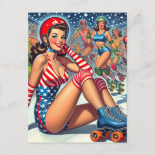 Vintage-Roller-Girl-Illustration Postkarte