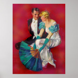 Vintage Romance Paare im Abends-Kleid mit Fan Poster