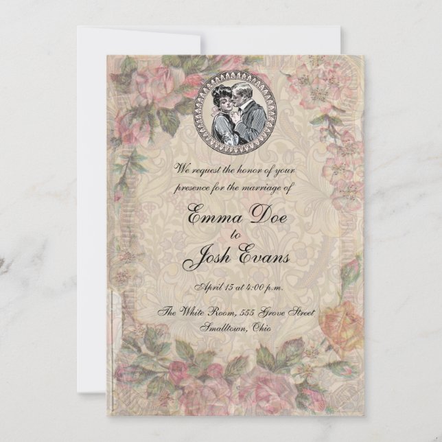 Vintage romanische Couple Antique Rose Hochzeit Einladung (Vorderseite)